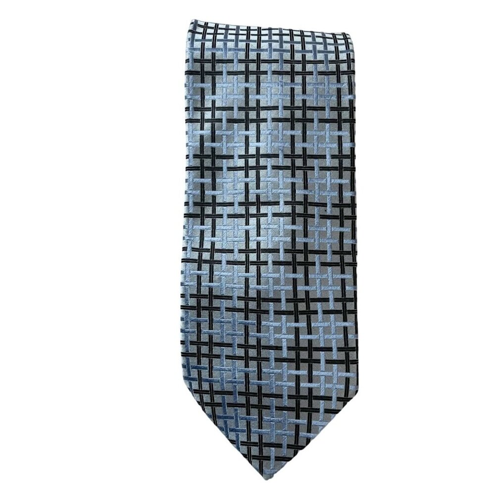 Ermenegildo Zegna Blue Jacquard Geometric Grid Plaid Tie Silk